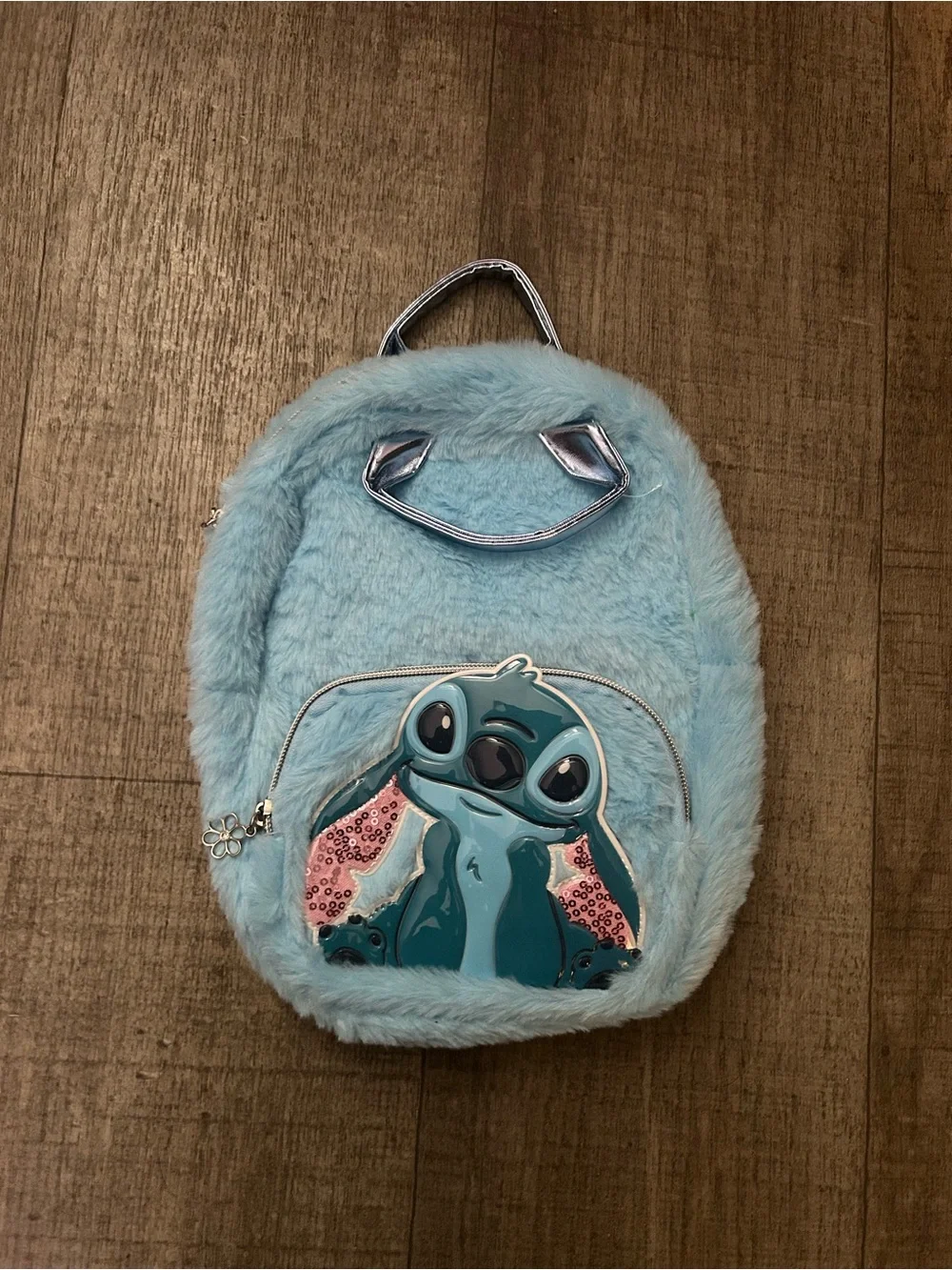 Disney Light Blue Plush Backpack with Teal Stitch and Pink Sequin Ears